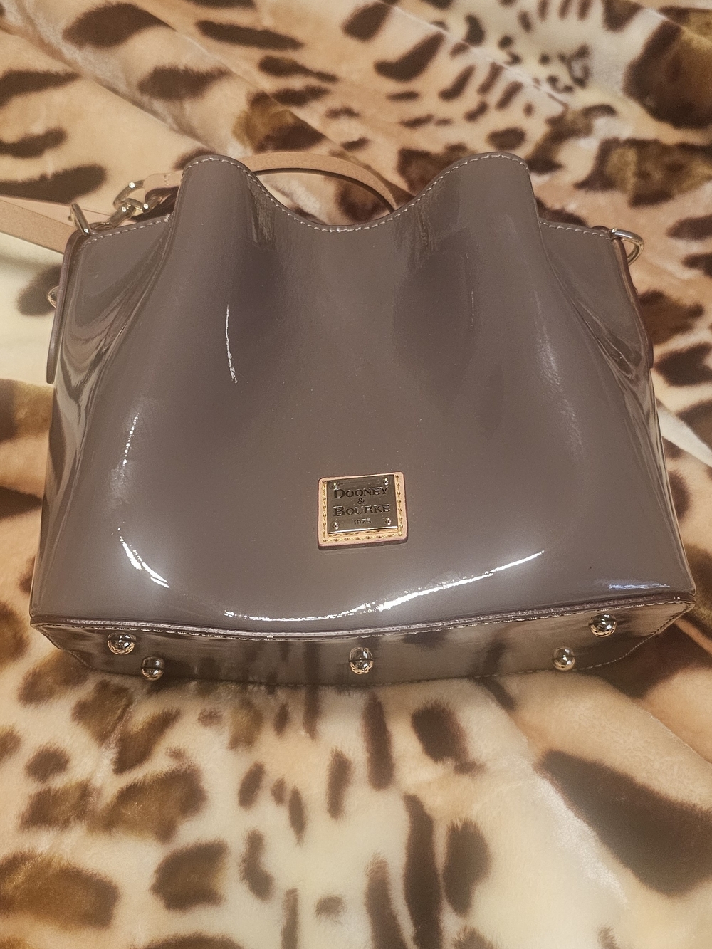 Dooney & Bourke Glossy Taupe Patent Leather Shoulder Bag with Gold Hardware